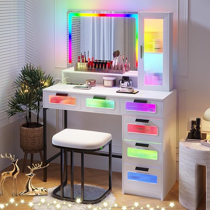 HNEBC RGB Vanity Desk with Mirror and Lights, LED Vanity Makeup Desk with USB/Wireless Charger Station, Vanities Dressing Table Sets with 6 Drawers/Cabins/Stool/Shelves for Bedroom&Cloakroom,White