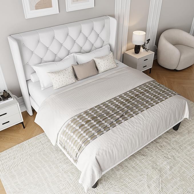 Full Size Upholstered Bed Frame with Wingback Headboard, Fabric Linen Platform Bed, 8" Under Bed Storage, Wooden and Metal Slats Support, No Box Spring Needed, Noise Free, White