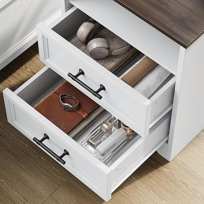 19.7" Night Stand with Charging Station, Farmhouse End Table with 2 Drawers Storage, White Wooden Nightstand, Bed Side Table with Open Shelf, Bedside Cabinet for Living Room, Closet