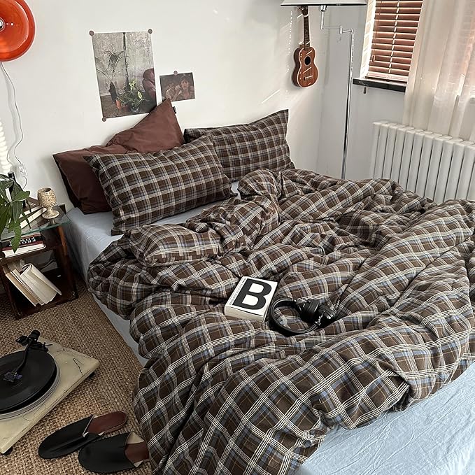 mixinni Vintage Blue & Brown Buffalo Plaid Comforter Set Twin XL Size - 3-Piece Washed Cotton Soft Geometric Checkered Pattern Bedding Set for All-Seasons Lightweight & Breathable-Twin XL Size