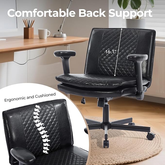 Criss Cross Chair with Flip-Up Arms and Lockable Wheels, Leather Cross Legged Office Desk Chair,Wider 125°Tilting Adjustable Swivel Computer Chair for Home, Apartment, Bedroom,Black 1