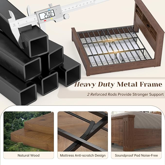 EnHomee King Size Bed Frame and Headboard & Storage,4 Drawers and LED Built in Charging Station King Bed Frame with Storage Farmhouse, NO Noise,No Box Spring Needed,Brown