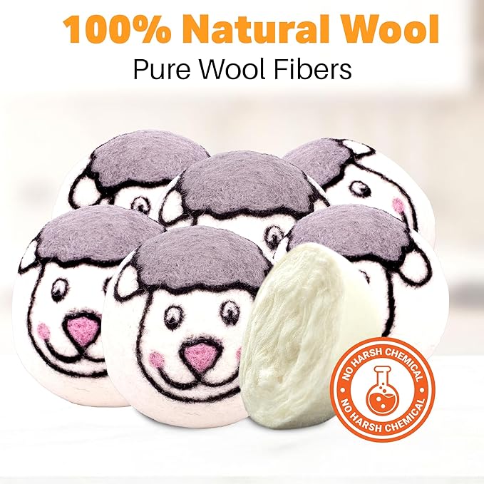 Wool Dryer Balls Organic Felt 6 Pack Laundry Fabric Softener, Extra Large Reusable Handmade Natural Sheep Wool Lint Wrinkle Free Anti Static Baby Safe (Sheep)