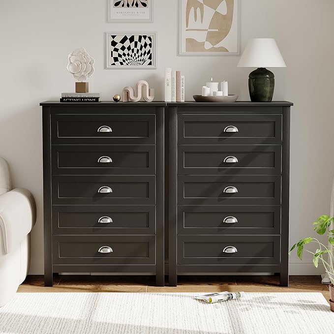 5 Drawer Dresser, Farmhouse Tall Dresser for Bedroom, Antique Black Chest of Drawers, Modern Dressers for Bedroom, Closet