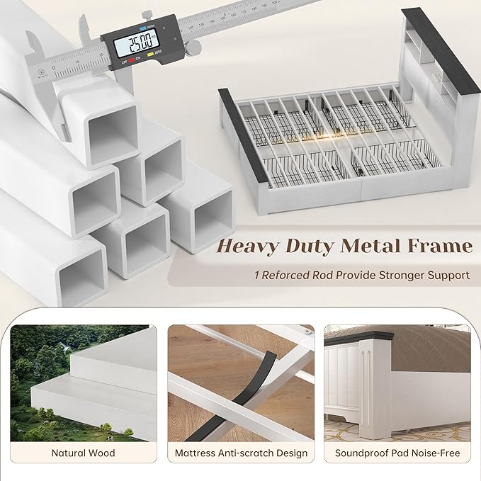 EnHomee Full Size Bed Frame with Headboard and Storage, 4 Drawers and LED Built in Charging Station Full Bed Frame with Storage Farmhouse,NO Noise,No Box Spring Needed,White