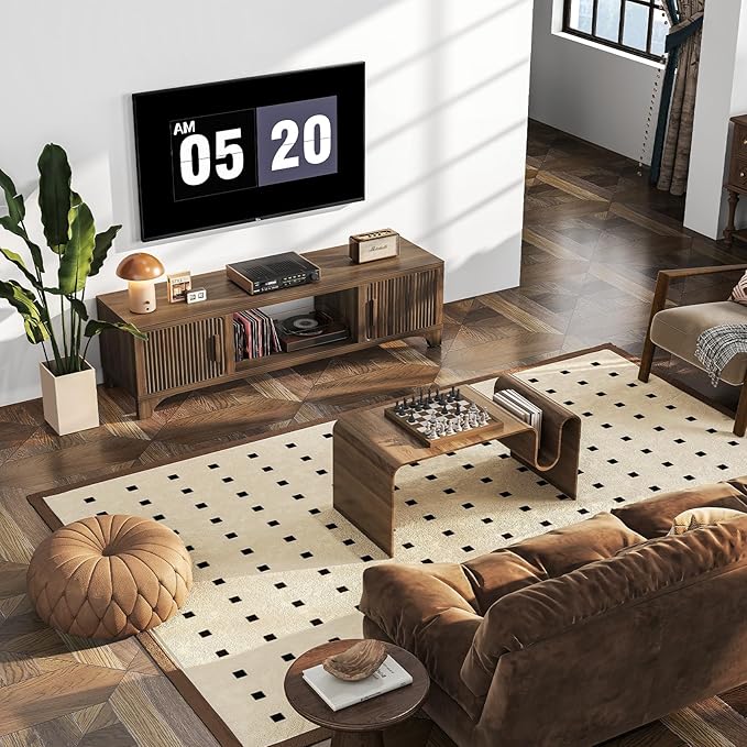 Mid Century Modern TV Stands for 55/60/65 Inch TV Boho Media Console for Living Room Fluted TV Entertainment Center with Storage Wood Television Cabinet for Bedroom