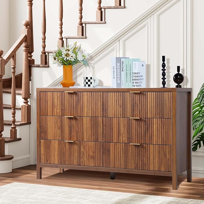 Fluted 6 Drawer TV Stand Dresser for Bedroom, Mid Century Modern Dresser with Drawers, MDF Wooden Chest of Drawers, Fluted Cabinet for Closet Cloth, Living Room, Entryway -Walnut