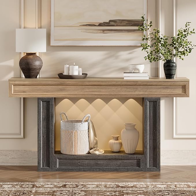 Rresyet 63" Console Table, 2-Tier Entryway Table with Sensor Lights, Coffee Table Behind The Sofa, with U-Shaped Base Suitable for Entryways, Living Rooms, Corridors, and Foyers(Wood)