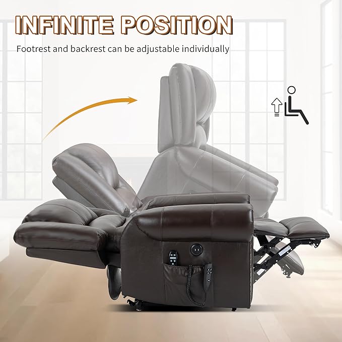 Power Lift Recliner Chair for Elderly, Dual Motor Massage Recliner with Lumbar Heat, Heavy Duty Motion Mechanism Lift Chair with Charge Ports, Genuine Leather - Antique Brown