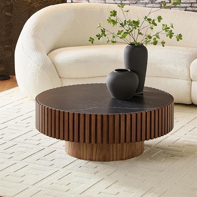 35.43'' Walnut Coffee Table Modern Handcraft Drum Round Circle Wooden Solid Wood Veneer Tea Table for Living Room Apartment (Sintered Stone Tabletop)