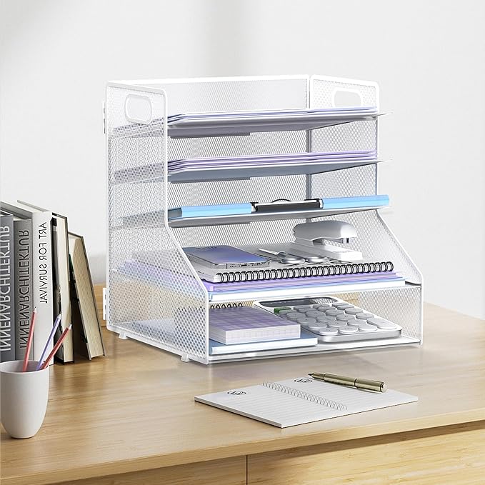 SUPEASY 5-Tier Desk File Organizer, Metal Letter Paper Tray, Desk Organizers and Accessories for Home Office Supplies, White