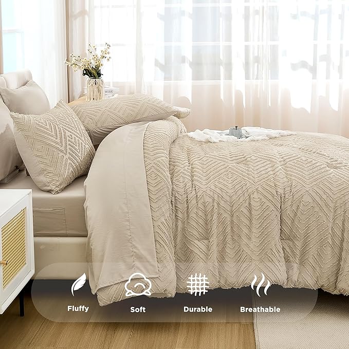 Andency Khaki Full Size Comforter Set with Sheets - 7 Pieces Bed in a Bag Boho Tufted Bedding Sets Fluffy Lightweight Full Bed Set with Comforter, Sheets, Pillowcases & Shams for All Season