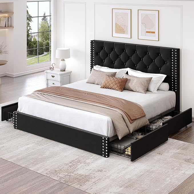 Full Size Bed Frame with 4 Storage Drawers and Tufted Headboard Velvet Upholstered Platform Bed Frame with Heavy Duty Wood Slats, No Box Spring Needed, Easy Assembly, Black