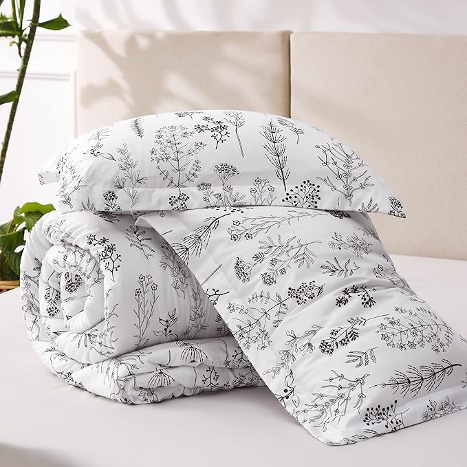 Bedsure King Comforter Set - Bright White Bed Set, 3 Pieces Cute Floral Bedding, 1 Soft Reversible Botanical Flowers Comforter and 2 Pillow Shams