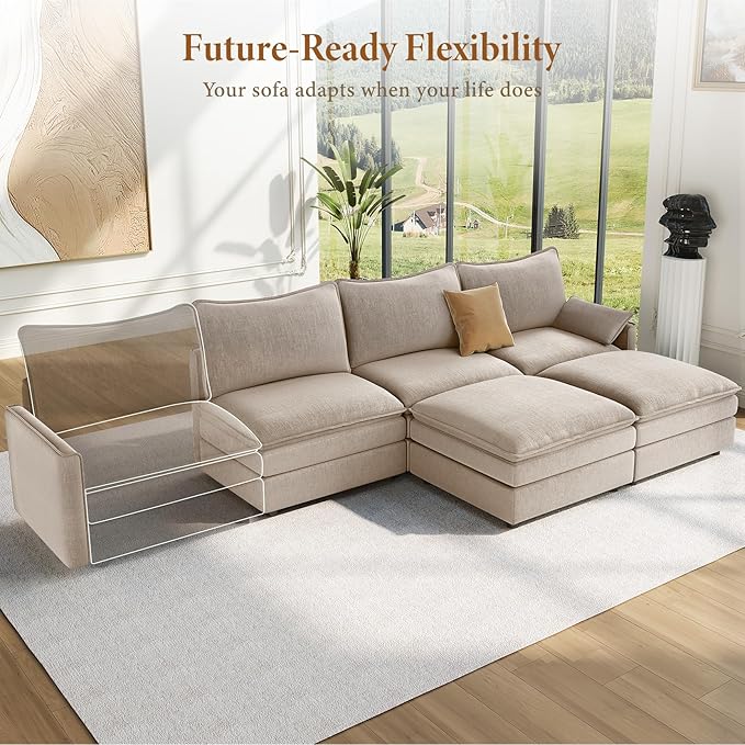 Vesgantti 108" U Shaped Sectional Couch, Comfy Cloud Modular Sectional Sofa with 2 Ottoman Deep Seat Chenille Modern Cloud Sofa, Modular Sofas for Living Room, Bedroom and Apartment, Light Brown