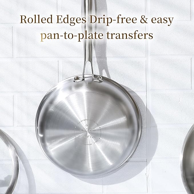 DELARLO Tri-ply Stainless Steel Kitchen Cookware Frying Pan Set with Lid 8" 10" 12" Induction large Skillets Chef's Pan,Pots and Pans Set Kitchen Cookware Set Suitable for All Stove