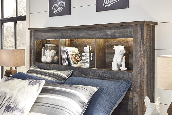 Signature Design by Ashley Drystan Rustic Full Bookcase Bed with Open Cubbies and LED Lights, Foundation or Box Spring Needed, Dark Brown & Gray