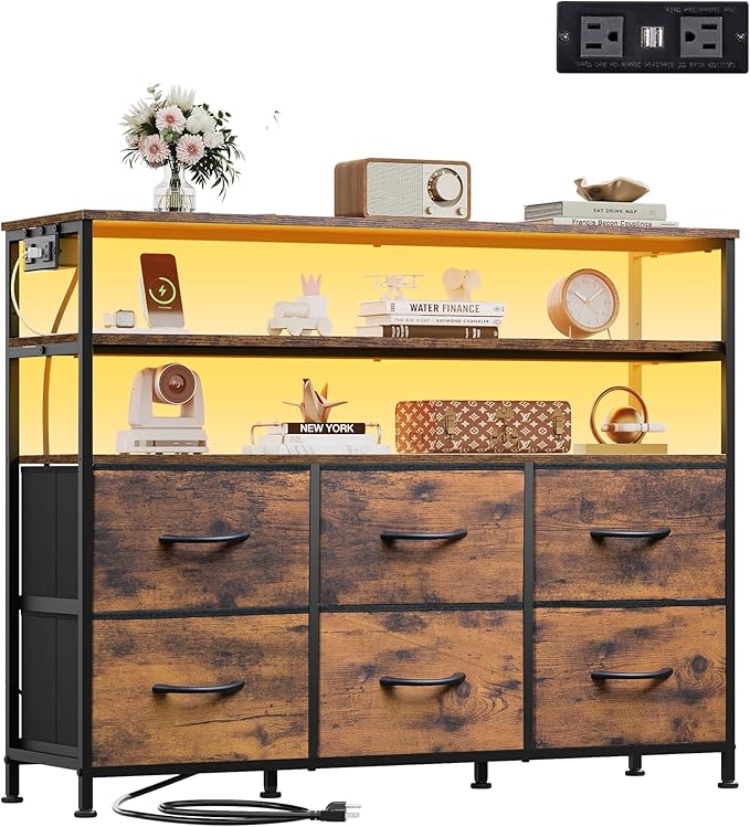 WLIVE TV Stand for 40, 45 inch TV, Entertainment Center with LED Lights & Charging Station, TV Media Console Table with 6 Fabric Drawers and Open Shelves for Living Room, Hallway, Rustic Brown