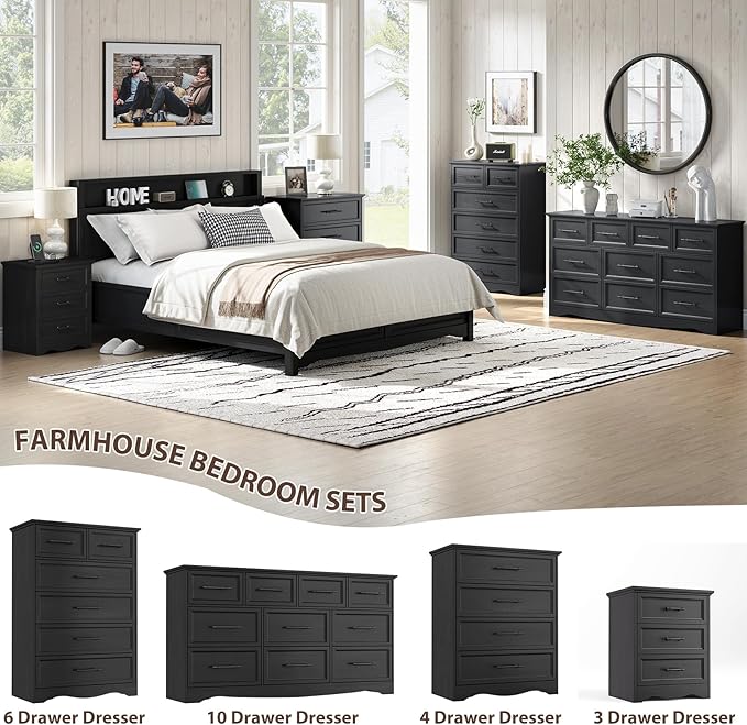 Black Nightstand with Charging Station, 19.7" Farmhouse End Table with 3 Drawers Storage, Bedside Table with Brushed Metal Handles, Unique Base Design, 3 Drawer Dresser for Bedroom, Living Room