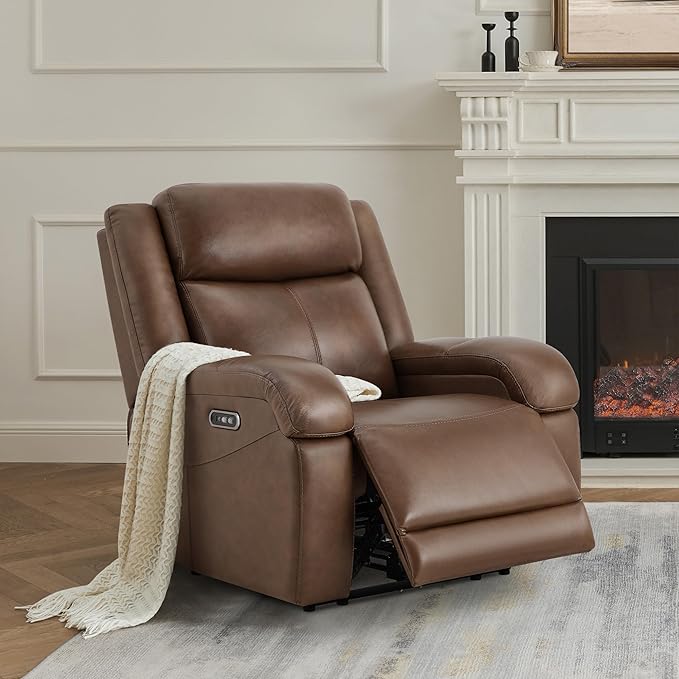 Watson & Whitely Genuine Leather Power Recliner Chairs for Adults, Wall Hugger RV Recliner with Power Headrest & Charging Ports, Electric Recliner Sofa Chair for Living Room, Cafe