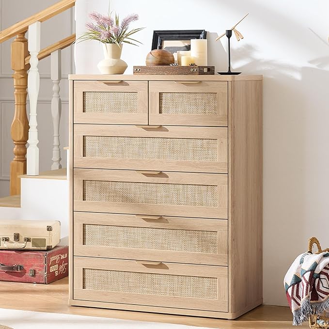 LEYAOYAO Rattan Dresser for Bedroom, 41" Tall Chest of Drawers, Modern 6 Drawers Boho Dressers with Storage, Light Oak Dresser Wooden Closet Organizer for Living Room, Hallway, Natural Wood
