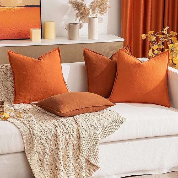 MIULEE Fall Decorative Linen Pillow Covers 18x18 Inch Orange Boho Farmhouse Neutral Couch Throw Pillows for Bed Pack of 2 Accent Modern Pillowcase Summer Sofa Livingroom Home Decor