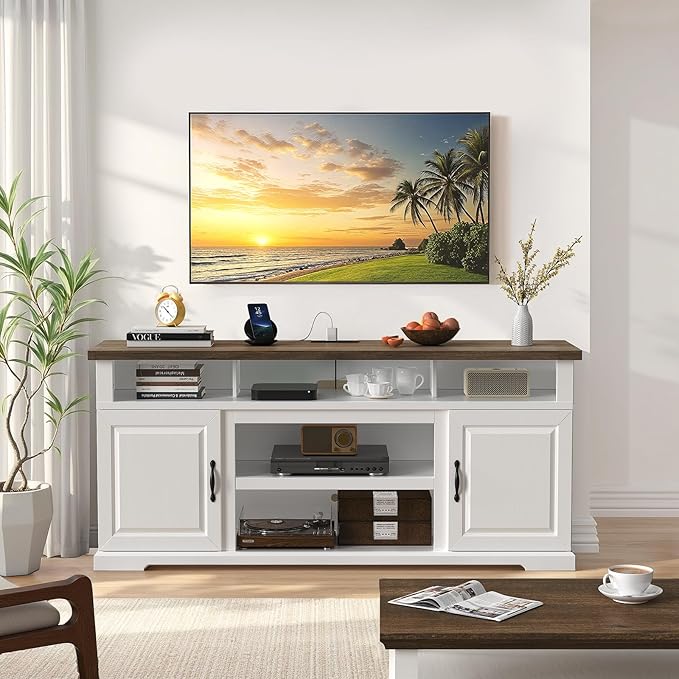 Marsail Modern Farmhouse TV Stand, Entertainment Center with Storage Cabinets, Adjustable Shelves and Power Outlets for Televisions up to 80 Inch, TV Console Table for Living Room, Brown&White