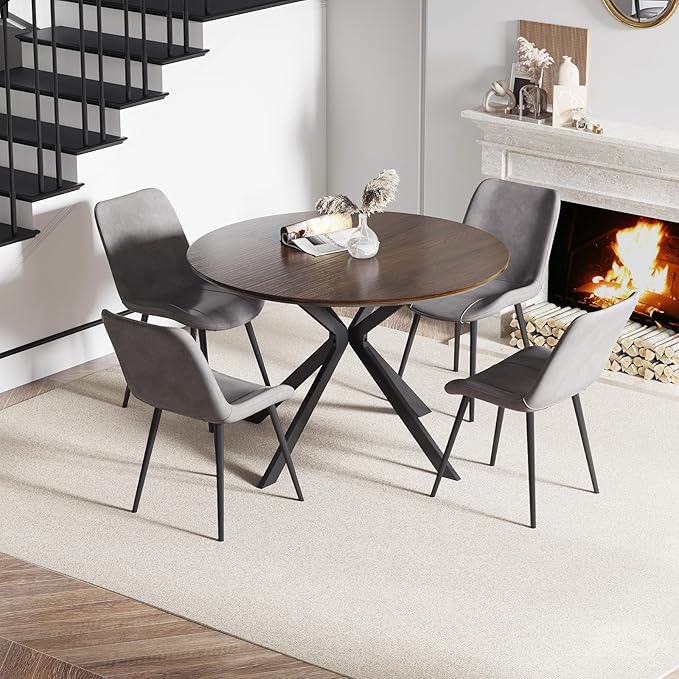 46.4" Round Dining Table Set with 4 Chairs, Modern Dining Set with Comfortable PU Leather Chairs, Sturdy MDF Table with X-Shaped Base, Easy Assembly, Ideal for Dining Room or Kitchen