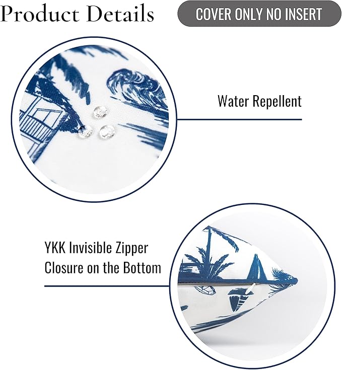 Hofdeco Premium Coastal Hampton Style Patio Indoor Outdoor Lumbar Pillow Cover Only, 12"x20" Water Resistant for Backyard, Couch, Navy Blue Beach Scene