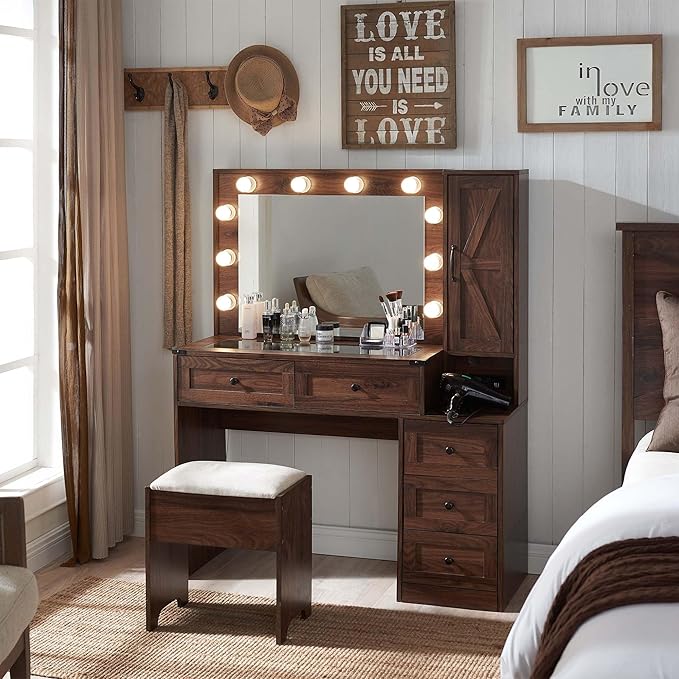 Farmhouse Vanity Desk with Mirror and Lights, 43" Wide Makeup Vanity with Glass Tabletop and Charging Station, Modern Vanity Table Set with Storage and Stool for Bedroom, Brown