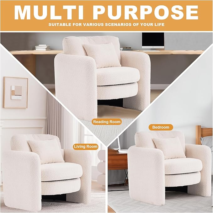 Chenille Accent Armchair Oversize Upholstered Barrel Comfy Modern Round Lounge Sofa Chair with Pillow Cozy Reading Chairs for Apartment,Office,Living Room,Dining,Makeup,Club,Beige 2SET