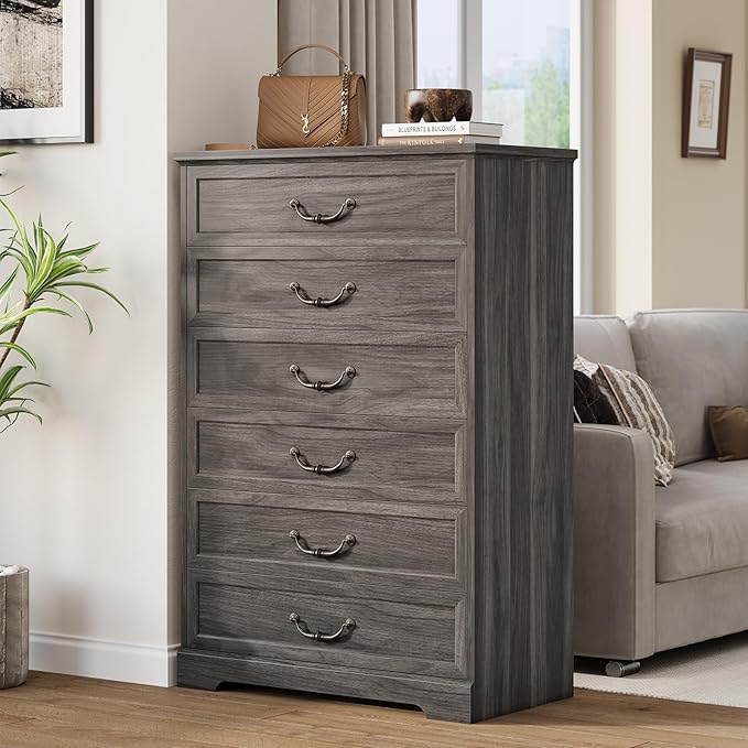DICTAC Farmhouse 6 Drawers Dresser for Bedroom, 48.2" Tall Dressers Chest of Drawer, Large Storage Closet Organizer with Natural Texture and Vintage Metal Handle, Wooden Vertical Dresser for Hallway