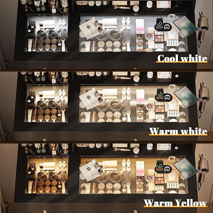 40" Vanity Desk with Large Mirror and Lights, Modern Glass Top Makeup Vanity Set with Power Outlet, Drawers and Cabinet, 3 Lighting Color Adjustable Dressing Table for Bedroom, Black