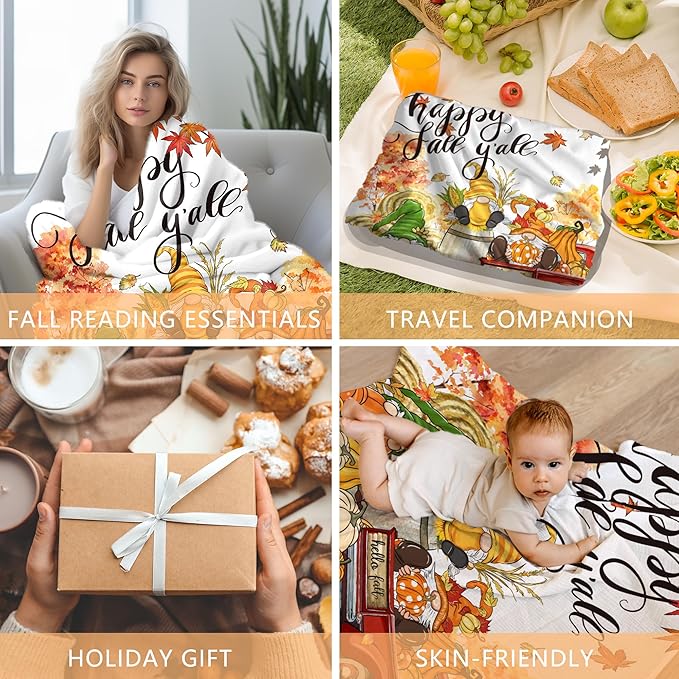 Fall Blanket, Fall Gnome Throw Blanket 50"X60", Autumn Decorations for Home Flannel Thanksgiving, Decorative, Cozy, Warm, Perfect for Bed, Couch, Movie Theater, Gift for Him or Her, Harvest Seasonal