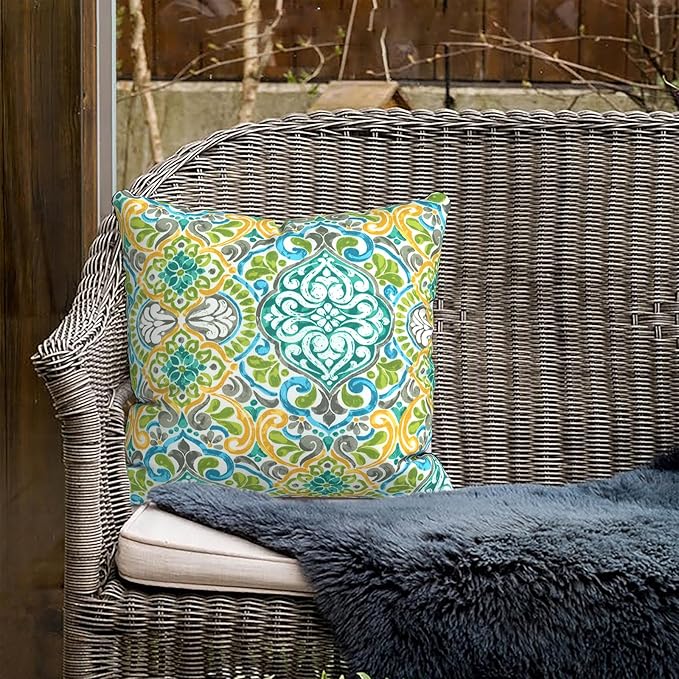 Outdoor Pillows for Patio Furniture 18x18 inch, Square Outdoor Throw Pillows with Inserts, Decorative Toss Pillows for Garden Couch Home Sofa Office Chair, Pack of 2,Damask Green