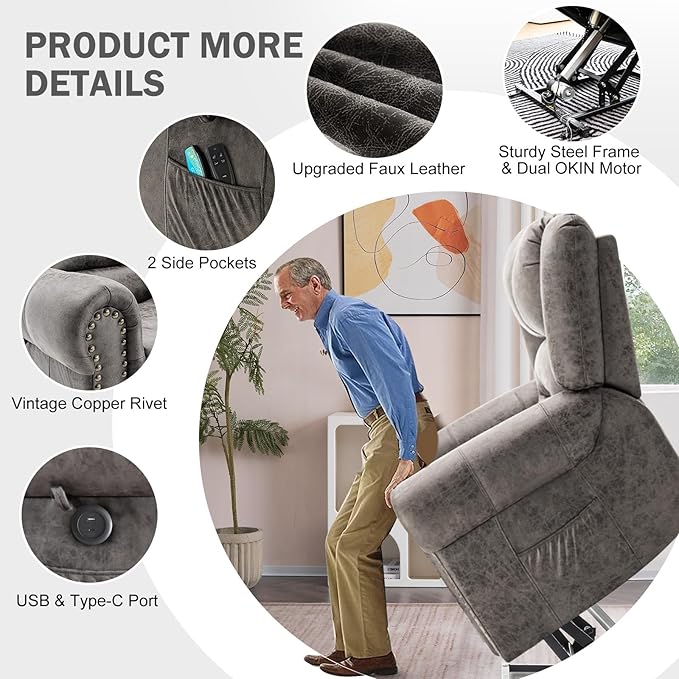 CDCASA Dual Motor Lay Flat Lift Chairs Recliners for Elderly with Massage and Heat, Breathable Leather Infinite Position Large Sleeping Electric Power Lift Chair Recliner, Set of 2, Grey