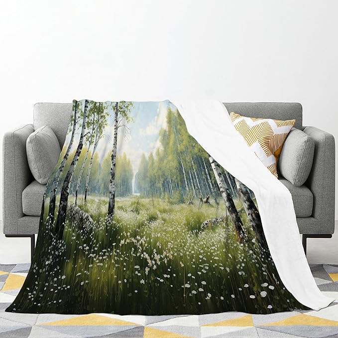 Forest Tree White Birch Landscape Throw Blanket for Women Men Girls Boys - Nature Scenery Decor Soft Warm Cozy Fleece for Couch Sofa Bed 60"x50"