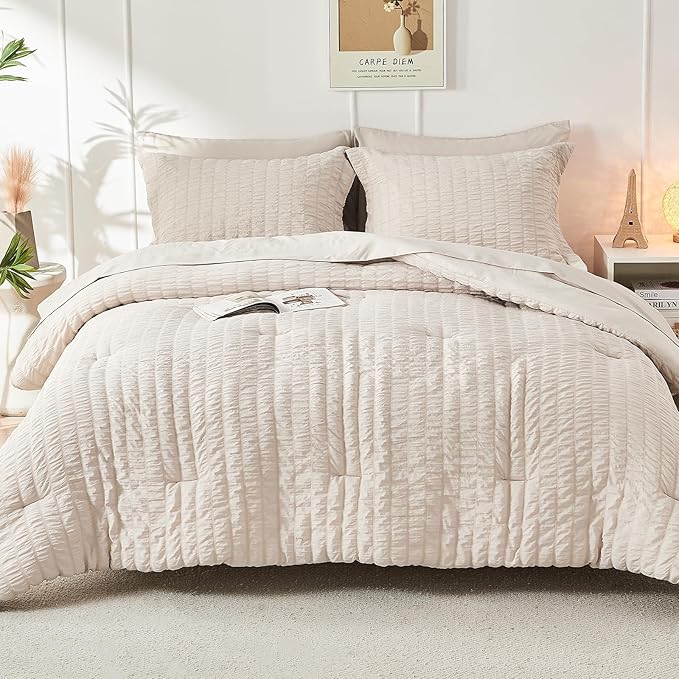 HYMOKEGE Beige Queen Comforter Set Seersucker 7 Pieces, All Season Luxury Bed in a Bag for Bedroom, Bedding Set with Comforters, Sheets, Pillowcases & Shams