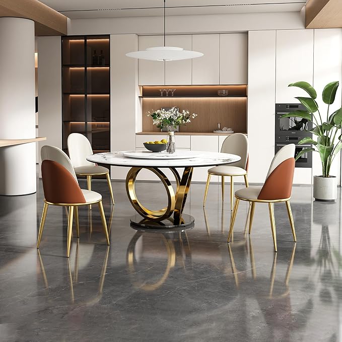 Dining Table Set with 4 Chairs, 59" Round Modern Marble Dining Table with Lazy Susan, Sintered Stone Top for Kitchen, Dining Room, Dinette