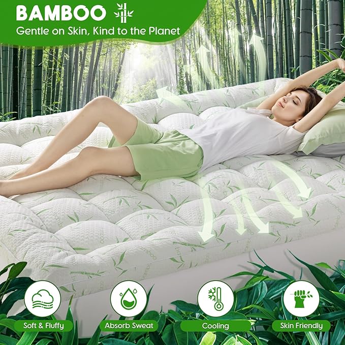 Memory Foam Mattress Topper Full - 1500 GSM Viscose Made from Bambu Pillow Top Mattress Topper Cooling & Body-Contouring Support for Back Pain Relief with 8"-18" Deep Pocket (54"x75")
