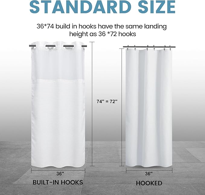 Stall No Hook Shower Curtain with Snap in Liner,230GSM Waffle Weave Shower Curtains for Bathroom,36W x 74H,White