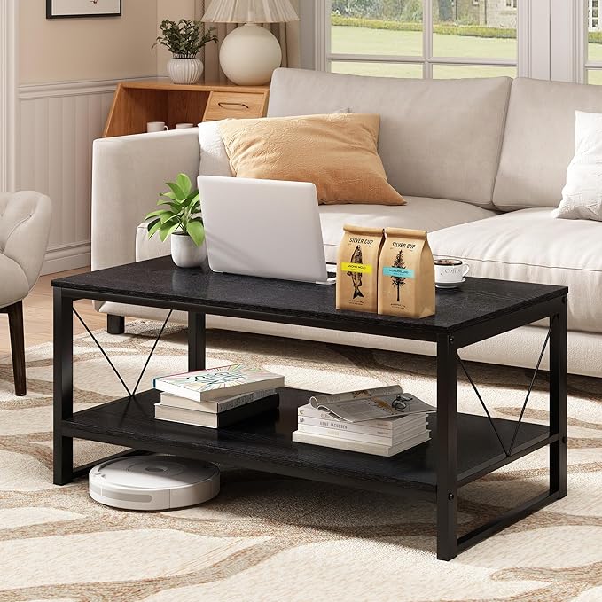 Rectangle Coffee Table Tea Table with Storage Shelf, Farmhouse Wooden Coffe Table for Living Room Table, 40" Rustic Center Table 2-Tier Minimalist Coffee Table Easy Assembly (Black)