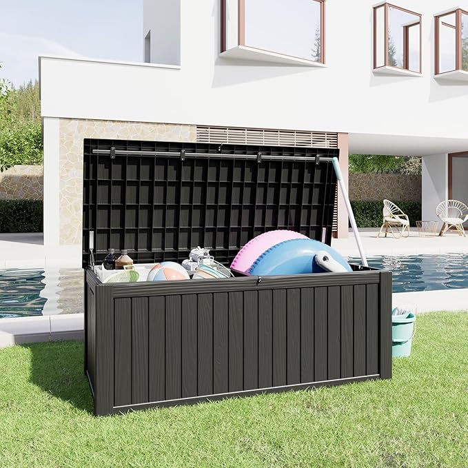 150 Gallon Outdoor Storage Box, Resin Waterproof UV-Resistant Deck Box with Hydraulic Lid Support, Reinforced Stability for Patio, Garden, and Poolside, Striped Black