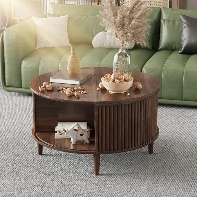 Round Coffee Table with Storage, Fluted Lift Top Coffee Table for Living Room, 31.5" Mid Century Modern Center Table with Sliding Cabinet Door, Walnut