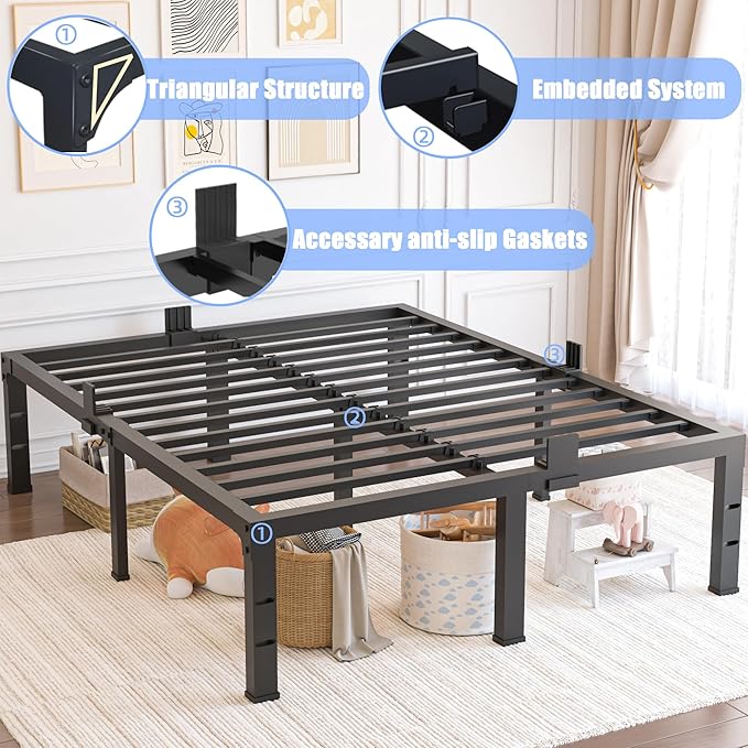 King Size Bed Frame 16 inch High 3500 lbs Heavy Duty Metal Platform Mattress Foundation with Steel Slat Support/No Box Spring Needed/Noise Free/Non-Slip/Easy Assembly