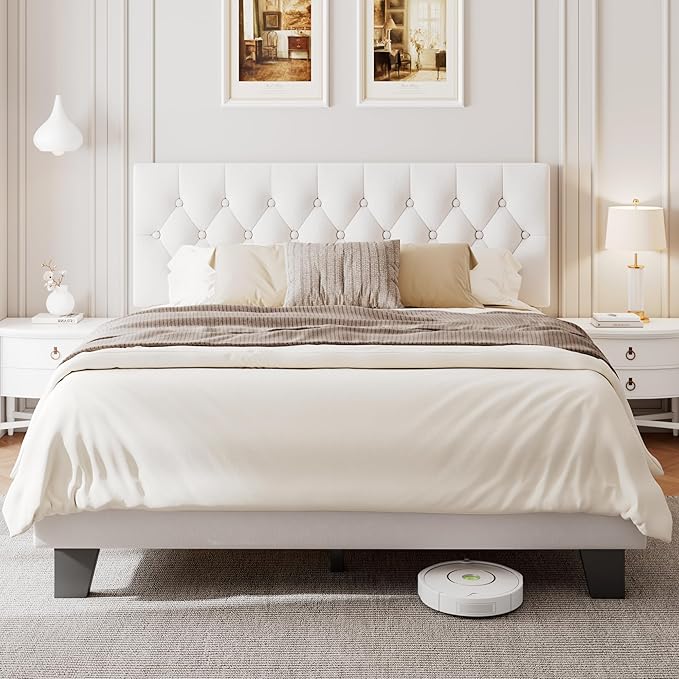 Full Upholstered Bed Frame with Headboard, Button Tufted Linen Bed Base, Platform Bed with Wood Slat, Heavy Duty, Easy Assembly, No Box Spring Needed, White