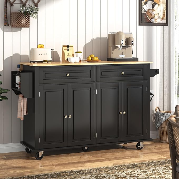 59.1" Movable Kitchen Island with Drop Leaf and Power Outlet, Rolling Island Cart w/Storage Cabinet, Island Table on Wheels for Kitchen w/2 Drawers, Spice Rack, Towel Bar, Garage Hook, Black
