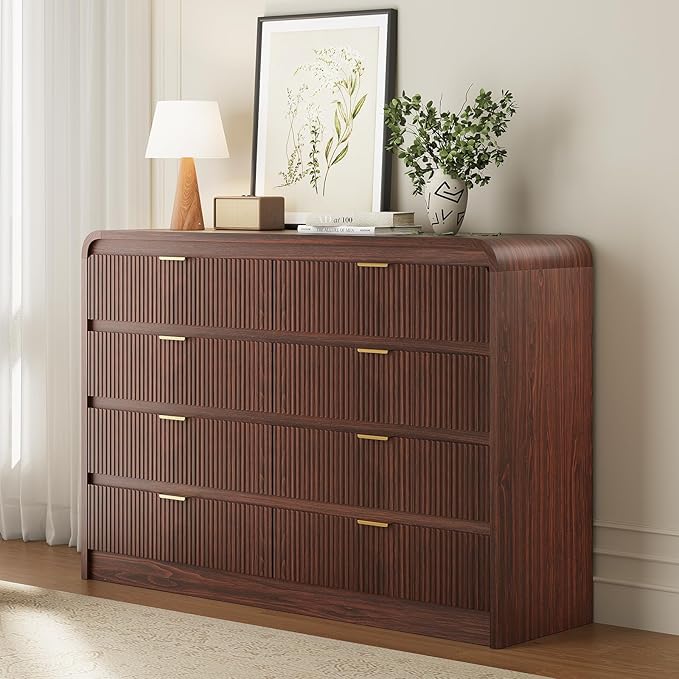 FURSUN Fluted 8 Drawers Dresser for Bedroom, 55" Wide Wooden Dresser with Metal Handle, Curved Profile Design, Modern Storage Organizer for Living Room, Hallway (Walnut)