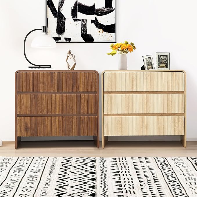 Fluted 3 Drawer Dresser for Bedroom,Mid Century Modern Wide Chest of Drawer,Curved Edge Wood Closet Dresser Nightstand for Bedroom Living Room Hallways (Natural, Wide 3 Drawer)