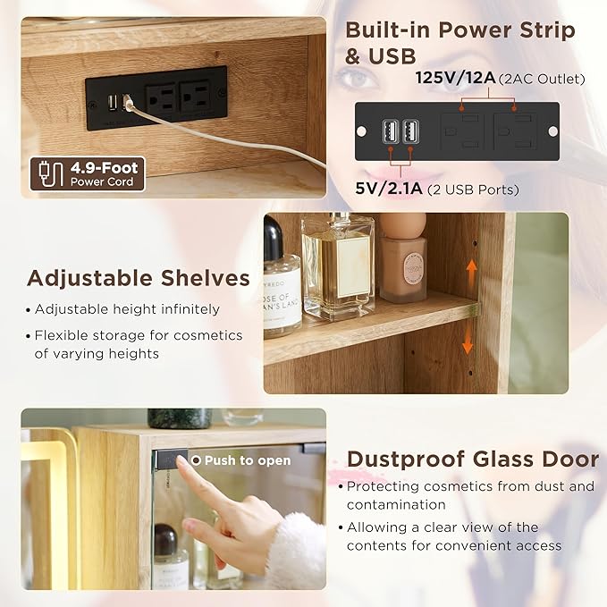 T4TREAM 48" Fluted Makeup Vanity Desk with Large 36" Mirror and Lights, Modern Glass Top Big Vanity Table with 5 Drawers & Adjustable Shelves, Dressing Table Set w/Charging Station for Bedroom, Oak